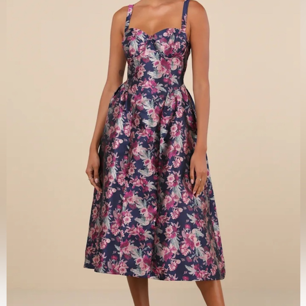 Lulu's Navy Floral Midi Dress size Small